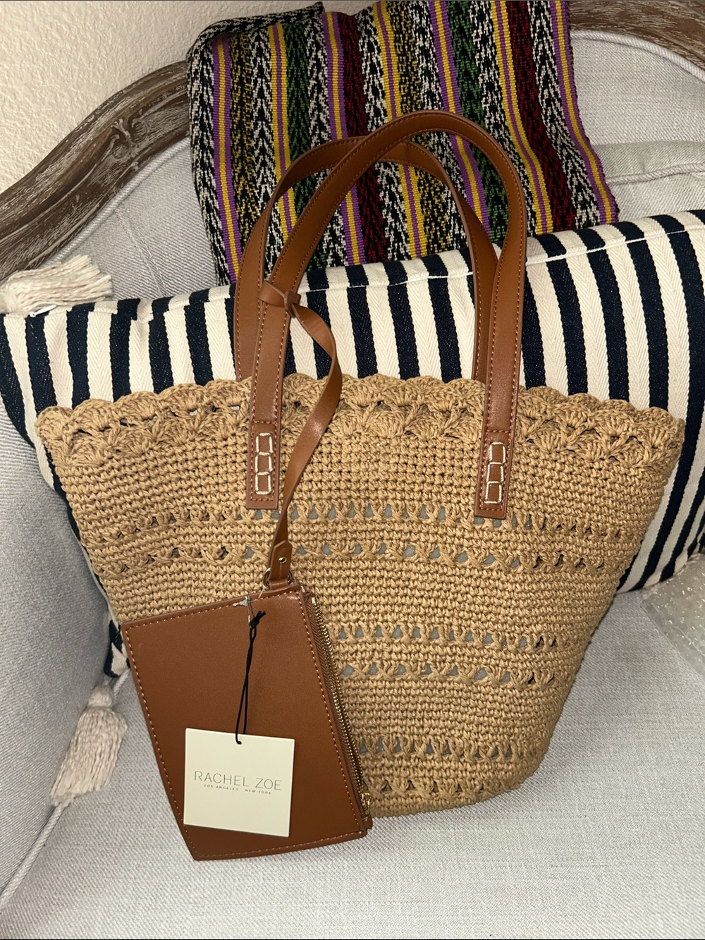 Rachel Zoe Handwoven Straw Tote Bag with Brown Leather Handles